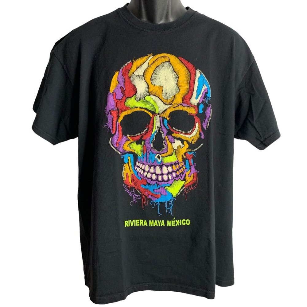Riviera Maya Mexico Skull Crewneck T Shirt L Black Graphic Short Sleeve Cancun